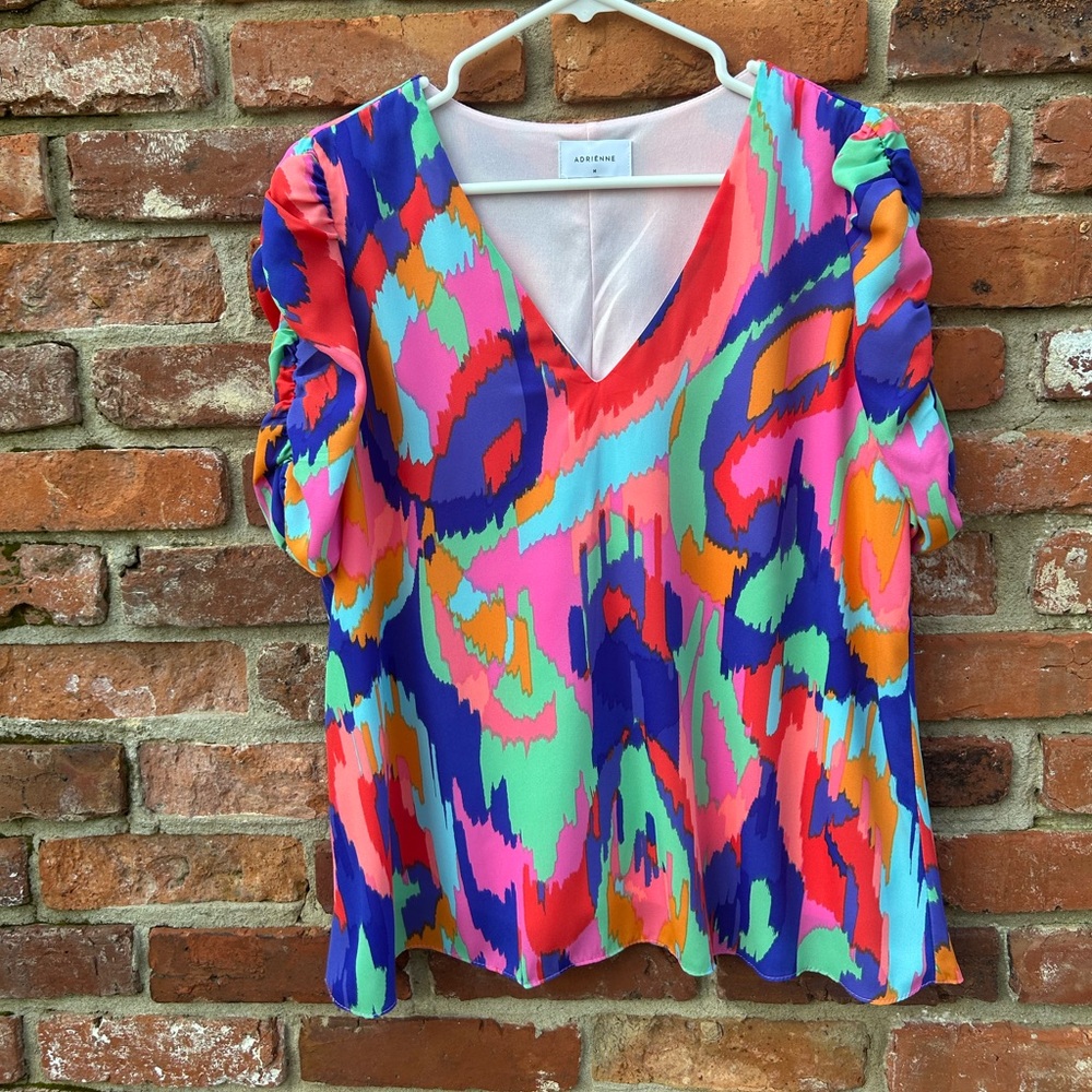 Adrienne Colorful Abstract Print Women's Blouse Ruched Puff Sleeves Size M